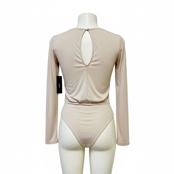 Lulus Striking Looks Taupe Long Sleeve Bodysuit V-Neck Jersey Knit Pullover Top - Picture 7 of 12